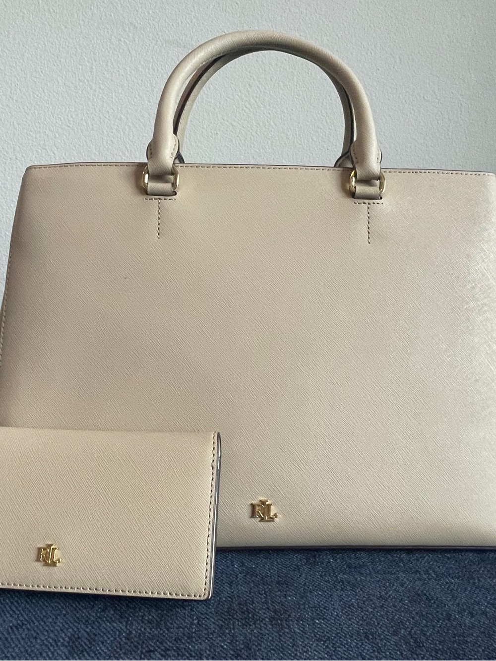 Lauren Ralph Lauren Beige Structured Tote with Matching Wallet